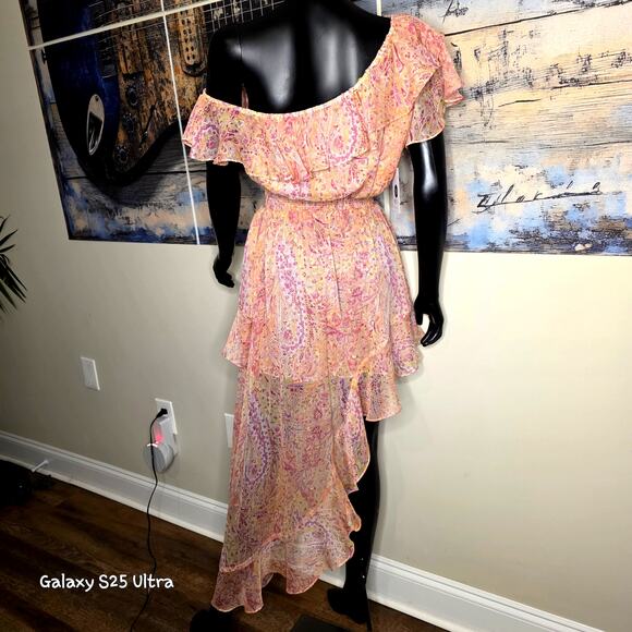 MISA Los Angeles Gisele Asymmetric Pink off Shoulder Floral Dress - Picture 13 of 14